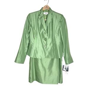 NWT Le Suit Womens Size 12 Shiny Green Jacquard Skirt Blazer Suit Wedding Formal